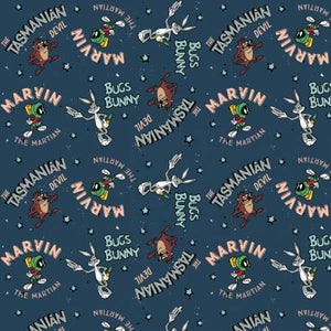 Denim Blue Looney Tunes Retro Characters 44" fabric by Camelot,  23600160-2