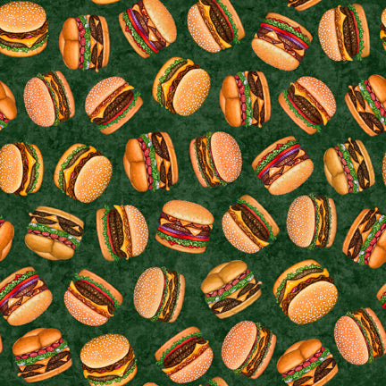 Hamburgers on Green Background 44" fabric by Quilting Treasures, 28517-F, Order Up