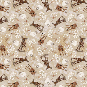 Beige Doe and Bunny Toss 44" fabric by Henry Glass, 441-33, Little Ones