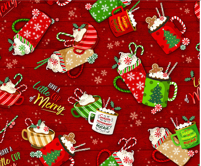 Hot Cocoa - Red background 44" fabric by Oasis, 59-5331, Noel