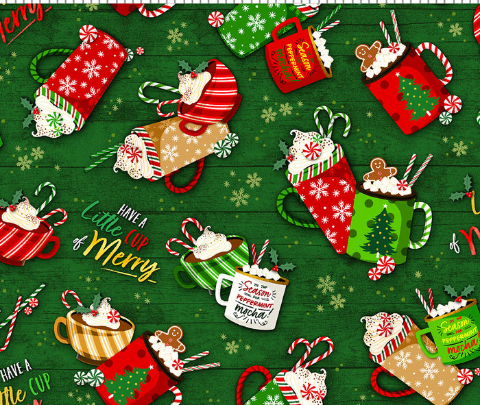 Hot Cocoa Green background 44" fabric by Oasis, 59-5332, Noel