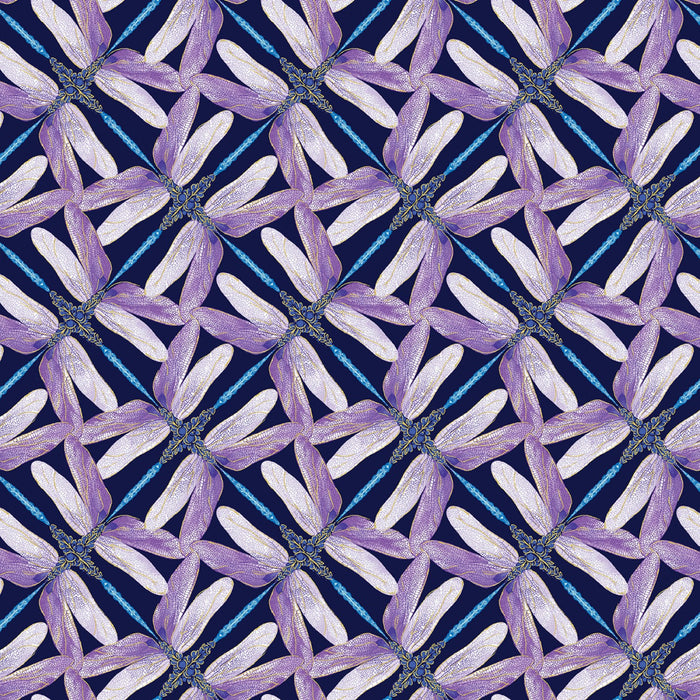 Navy Pinwheel Geo Dragonflies Metallic 44" fabric by Kanvas, Dragonfly Dance,  8502M-68