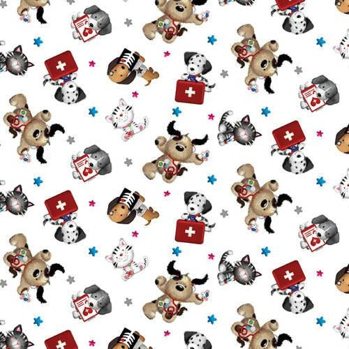 White Tossed Allover Cats & Dogs 44" fabric by Henry Glass, Big Hugs,  9324-1