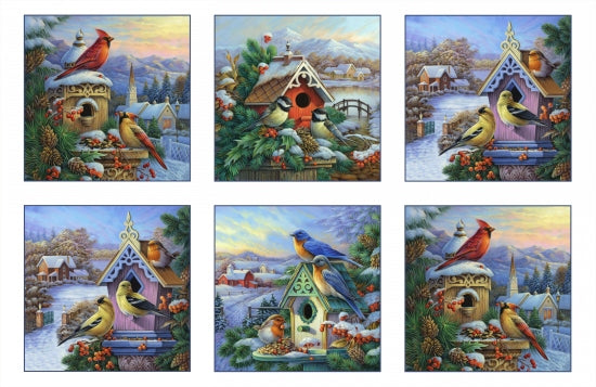 Winter birds and birdhouses 24" panel by Elizabeth's Studio, 9409-White, Winter Song