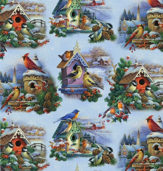 Winter birds and birdhouses 44" fabric by Elizabeth's Studio, 9410-Snow, Winter Song