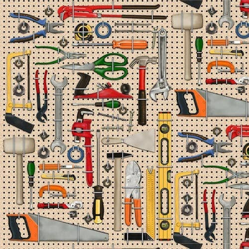 Multi Tools on Pegboard 44" fabric, Henry Glass,  9653-44, Man Cave