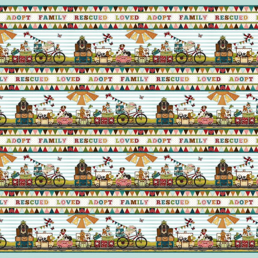 Dog Rescue border stripe 44" fabric, Henry Glass, 9822-11, Next Stop is Home