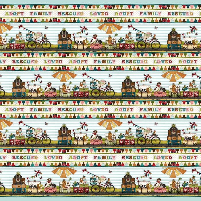 Dog Rescue border stripe 44" fabric, Henry Glass, 9822-11, Next Stop is Home