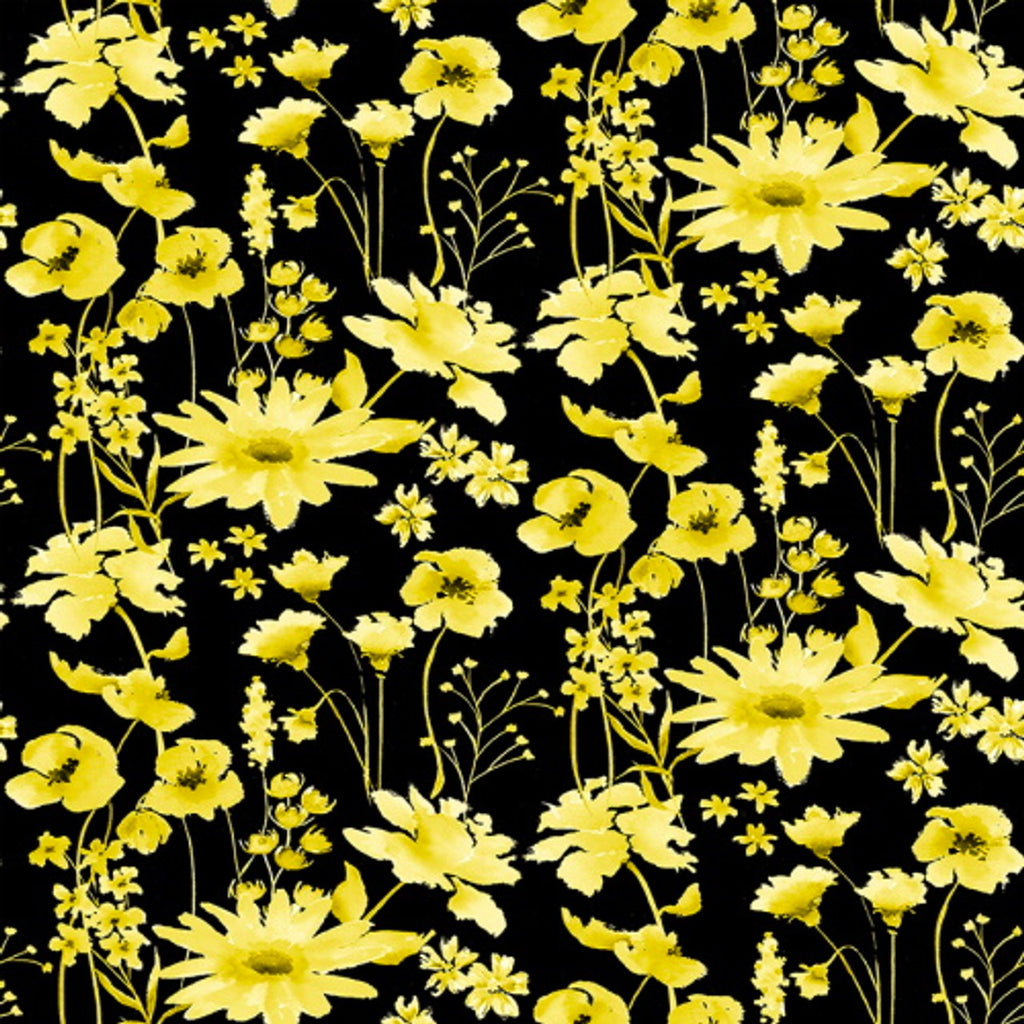 Yellow Daisies on Black 44" fabric by Henry Glass, 9969-94, Misty Morning