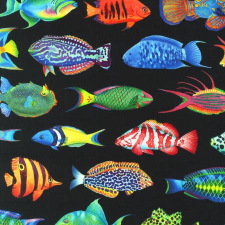 Tropical Fish on Black background 108" fabric by Robert Kaufman, AQCDX-20734-2, Sateen