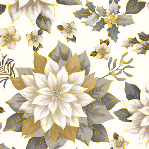 White, Silver and Gold Poinsettia 108" fabric by Benartex, Poinsettia Joyous Garden, 9749W-11