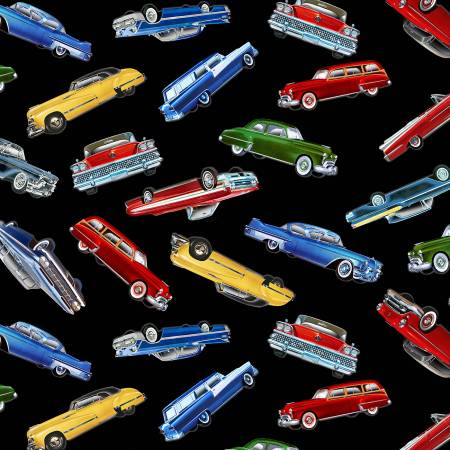 Tossed Classic Cars, Black 44" fabric by Timeless Treasures, CAR-C7983