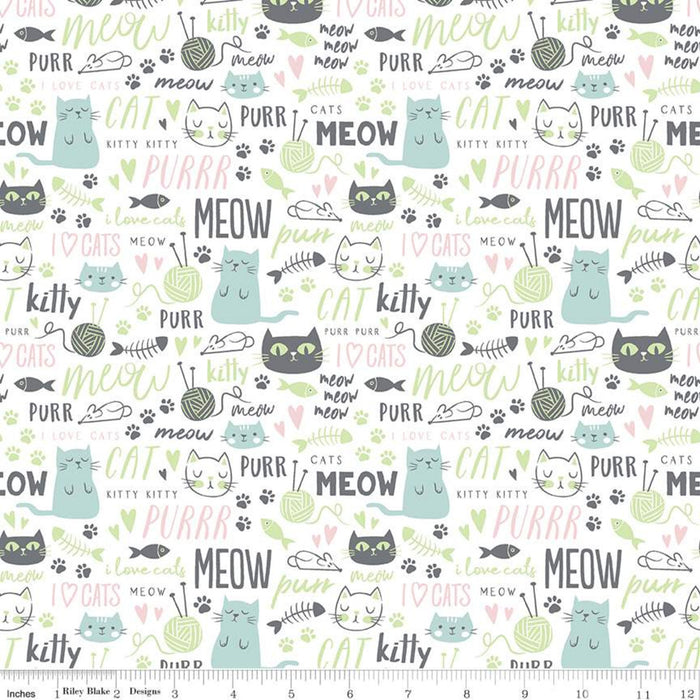 Cats & Text 44" fabric by Riley Blake, C9902-White, Purrfect Day
