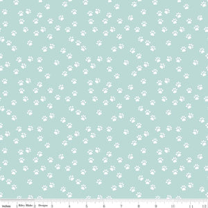 Aqua Blue Paw Prints 44" fabric by Riley Blake,  C9905-Aqua, Purrfect Day