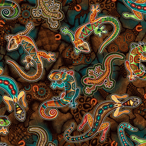 Brown and Teal Geiko lizard 44" fabric by Oasis Fabrics, 60-4101, Gondwana