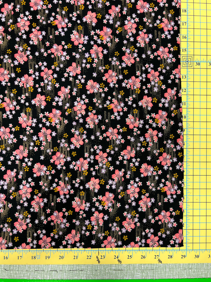 Pink Flowers on Black, Sakura Blossoms,  44" Japanese metallic fabric by Yamaoka, Y-15000-186