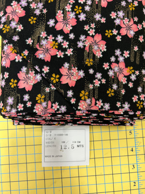 Pink Flowers on Black, Sakura Blossoms,  44" Japanese metallic fabric by Yamaoka, Y-15000-186
