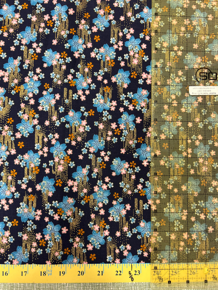 Navy Sakura Blossom 44" Japanese Metallic fabric by Yamaoka, Y-15000-186D