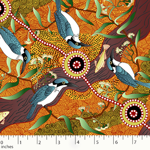 Aboriginal Kingfisher bird Camp by River 44" fabric, M&S Textiles, KCRY