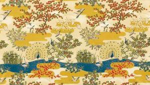 Cream Scenic Garden with Peacocks, metallic 44" fabric by Kaufman, SRKM-20377-238, Imperial Collection 17
