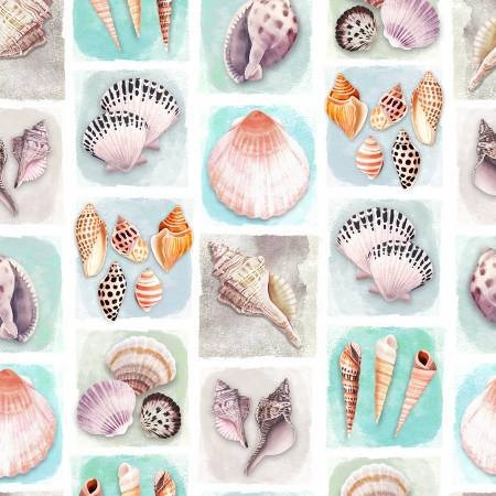 Turquoise Shell Tiles 44" fabric by Clothworks, Y3464-101, Seashell Wishes