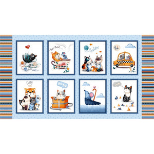 Feline Friends Cat Panel by Michael Miller DC8649-BLUE-D