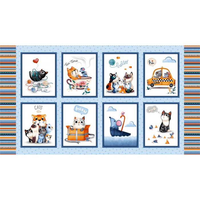 Feline Friends Cat Panel by Michael Miller DC8649-BLUE-D