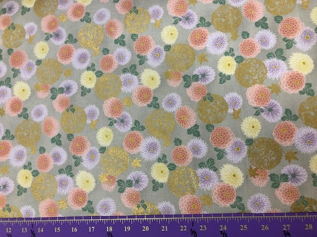 Green Flowers and Koi 44" fabric by Quilt Gate, HR3250Y 14B