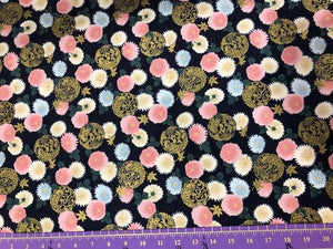 Navy blue with Floral and Koi 44" fabric by Quilt gate, metallic, HR3250-14